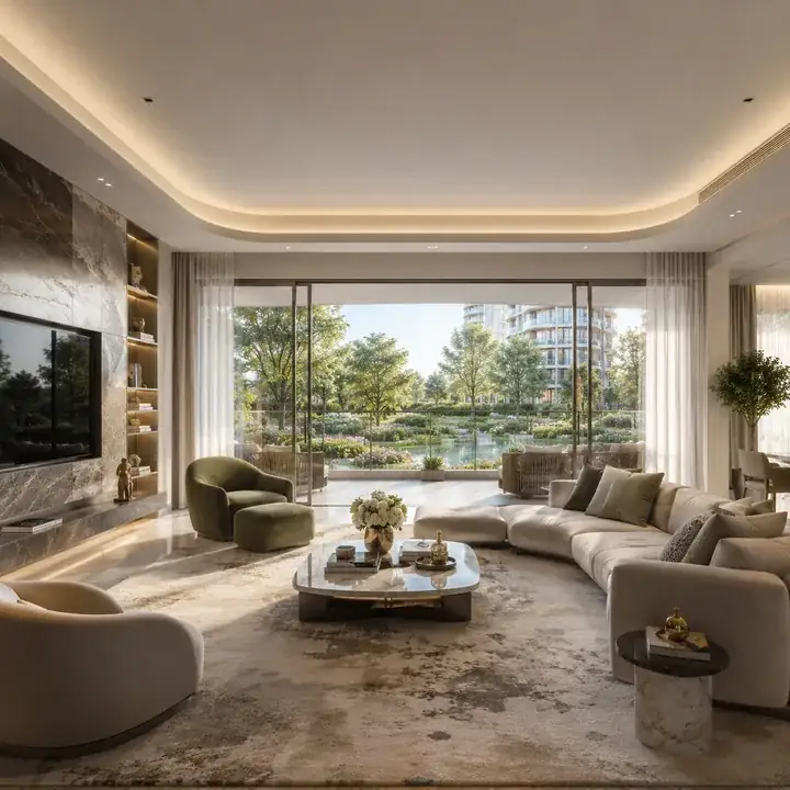 Prestige Avon show-home living interior at the boutique ECC Road development in core Whitefield